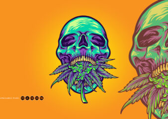 Green head skull with kush illustrations t shirt design template
