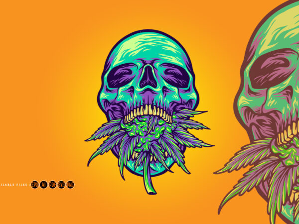 Green head skull with kush illustrations t shirt design template