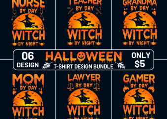 Halloween T-shirt Design Bundle, Witch by Night Halloween T-shirt Design