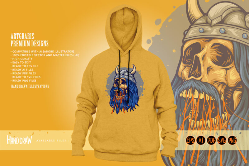 Viking skull head horned helmet illustrations