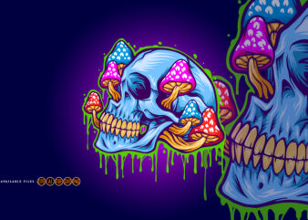 Ice skull head psychedelic mushrooms illustrations