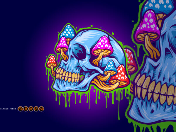Ice skull head psychedelic mushrooms illustrations t shirt design for sale