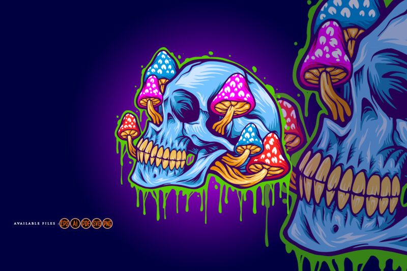 Ice skull head psychedelic mushrooms illustrations