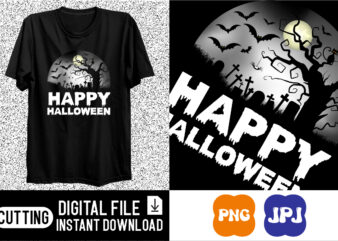Happy Halloween shirt print template, Pumpkin Halloween grave moon night tree bats witch scary themed texture background, Dark night House vector design