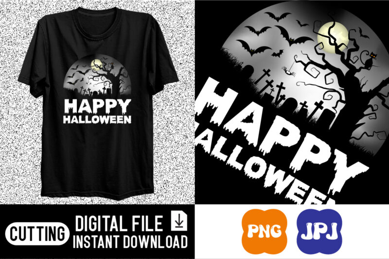 Happy Halloween shirt print template, Pumpkin Halloween grave moon night tree bats witch scary themed texture background, Dark night House vector design