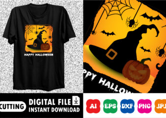 Happy Halloween shirt print template, Pumpkin Halloween tree bats witch scary themed texture background, Dark night House vector design