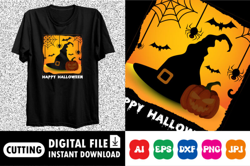 Happy Halloween shirt print template, Pumpkin Halloween tree bats witch scary themed texture background, Dark night House vector design