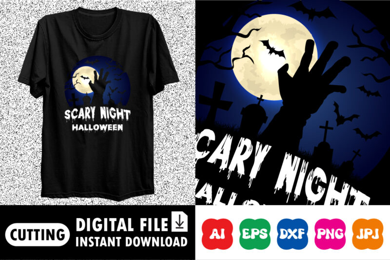 Scary night Halloween, Happy Halloween shirt print template, Scary zombies hand full moon night grave bat vampire vector, vintage retro shirt design