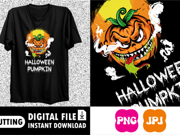 Halloween pumpkin happy halloween shirt print template, pumpkin halloween tree bats witch scary themed texture background, dark night vector design