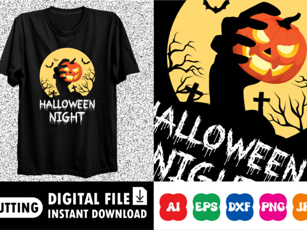 Halloween night, halloween pumpkin happy halloween shirt print template, pumpkin halloween tree bats witch scary themed texture background, dark night vector design