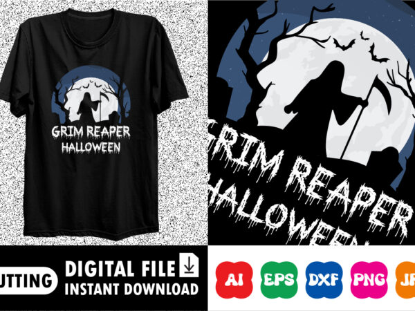 Grim reaper halloween shirt print template, scary house bat tree vector, vintage retro watercolor background shirt design