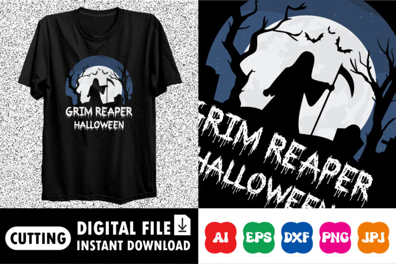 Grim reaper Halloween shirt print template, Scary house bat tree vector, Vintage retro watercolor background shirt design