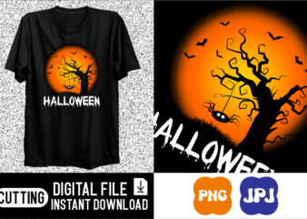 Happy Halloween shirt print template, Pumpkin Halloween tree bats witch scary themed texture background, Dark night House vector design