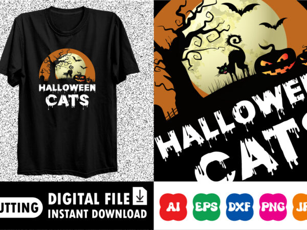 Halloween cats, happy halloween shirt print template, halloween cat pumpkin bat tree scary moon night vintage retro style background shirt design