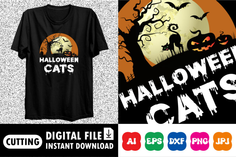 Halloween cats, Happy Halloween shirt print template, Halloween cat pumpkin bat tree scary moon night vintage retro style background shirt design