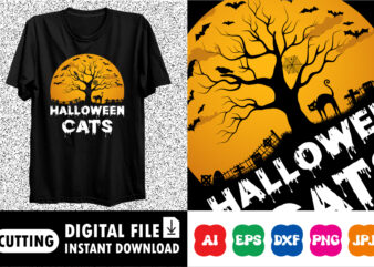 Halloween cats, Happy Halloween shirt print template, Halloween cat pumpkin bat tree scary moon night vintage retro style background shirt design
