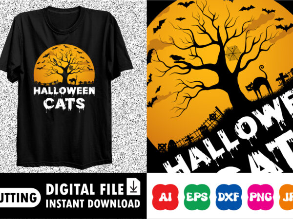 Halloween cats, happy halloween shirt print template, halloween cat pumpkin bat tree scary moon night vintage retro style background shirt design