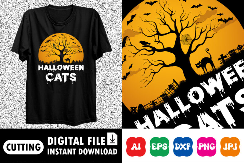 Halloween cats, Happy Halloween shirt print template, Halloween cat pumpkin bat tree scary moon night vintage retro style background shirt design
