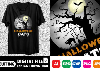 Halloween cats, Happy Halloween shirt print template, Halloween cat pumpkin bat tree scary moon night vintage retro style background shirt design