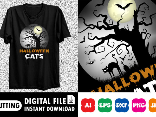 Halloween cats, happy halloween shirt print template, halloween cat pumpkin bat tree scary moon night vintage retro style background shirt design