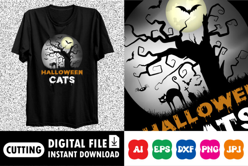 Halloween cats, Happy Halloween shirt print template, Halloween cat pumpkin bat tree scary moon night vintage retro style background shirt design