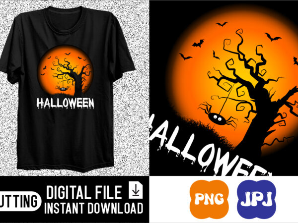 Happy halloween shirt print template, pumpkin halloween tree bats witch scary themed texture background, dark night house vector design