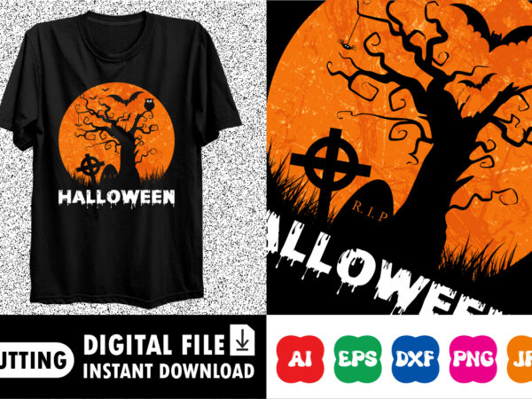 Happy halloween shirt print template, pumpkin halloween tree bats witch scary themed texture background, dark night house vector design