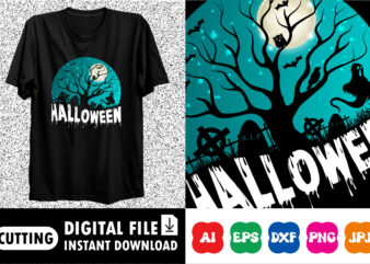 Happy Halloween shirt print template, Pumpkin Halloween ghost owls tree bats witch scary moon themed night vintage retro texture background, Dark night House vector design