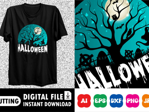 Happy halloween shirt print template, pumpkin halloween ghost owls tree bats witch scary moon themed night vintage retro texture background, dark night house vector design