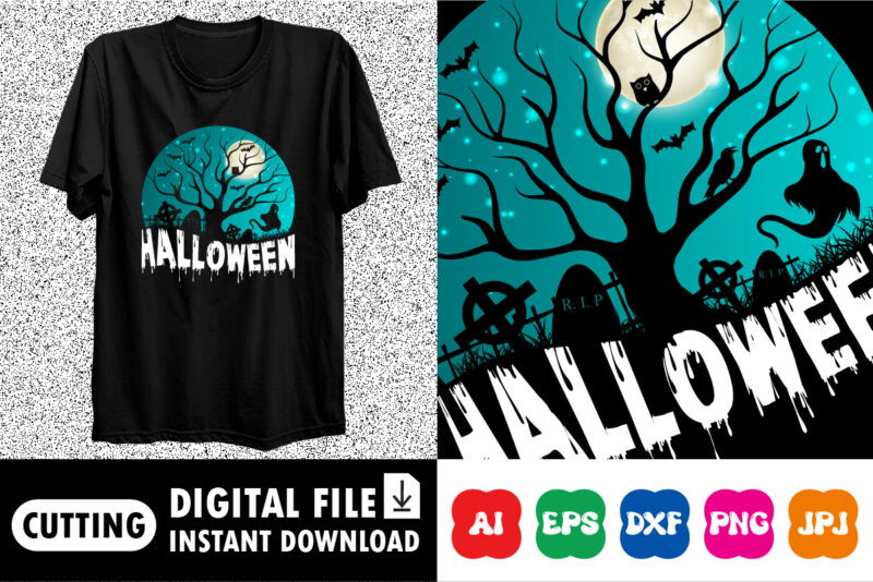 Happy Halloween shirt print template, Pumpkin Halloween ghost owls tree bats witch scary moon themed night vintage retro texture background, Dark night House vector design