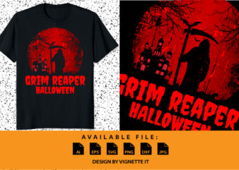 Grim reaper Halloween shirt print template, Scary house bat tree vector, Vintage retro watercolor background shirt design