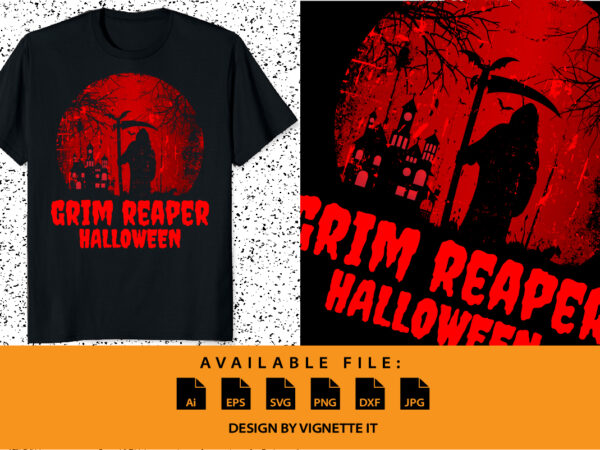 Grim reaper halloween shirt print template, scary house bat tree vector, vintage retro watercolor background shirt design