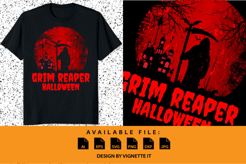 Grim reaper Halloween shirt print template, Scary house bat tree vector, Vintage retro watercolor background shirt design