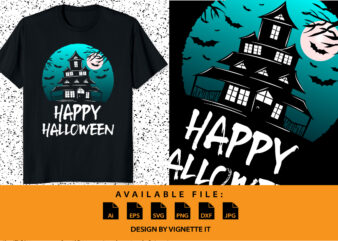 Happy Halloween shirt print template, Scary night, Scary house bat moon vector, Vintage retro shirt design