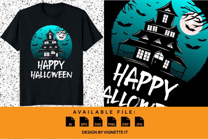 Happy Halloween shirt print template, Scary night, Scary house bat moon vector, Vintage retro shirt design