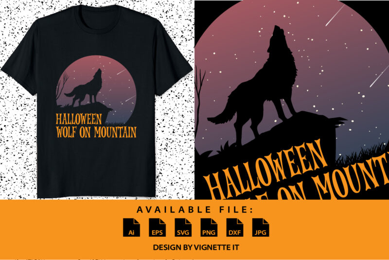 Halloween wolf on mountain Happy Halloween shirt print template, Wolf hills mountains tree jungle bright sky vector, Halloween party shirt design