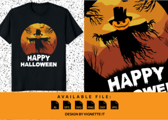 Happy Halloween shirt print template scarecrow shirt design, pumpkin bat sunshine background vector retro vintage shirt design