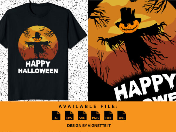 Happy halloween shirt print template scarecrow shirt design, pumpkin bat sunshine background vector retro vintage shirt design