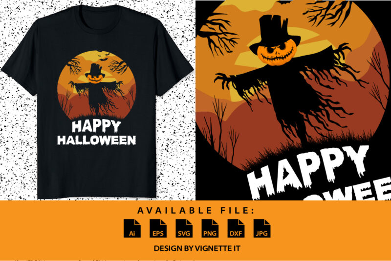 Happy Halloween shirt print template scarecrow shirt design, pumpkin bat sunshine background vector retro vintage shirt design