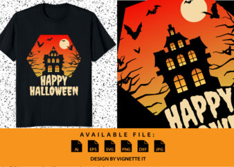 Happy Halloween Shirt print template Scary house bat tree vector, sunshine sunset vector, Halloween