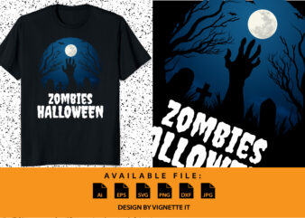 Zombies Halloween Scary night Grave moon tree bat vector, Happy Halloween shirt print template