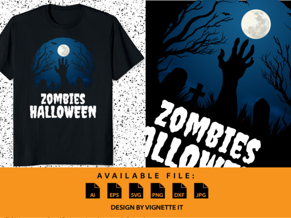 Zombies halloween scary night grave moon tree bat vector, happy halloween shirt print template