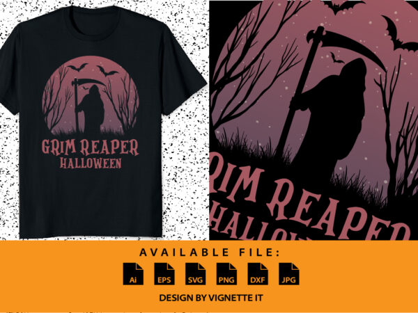 Grim reaper halloween shirt print template, bat tree scary night vector, happy halloween