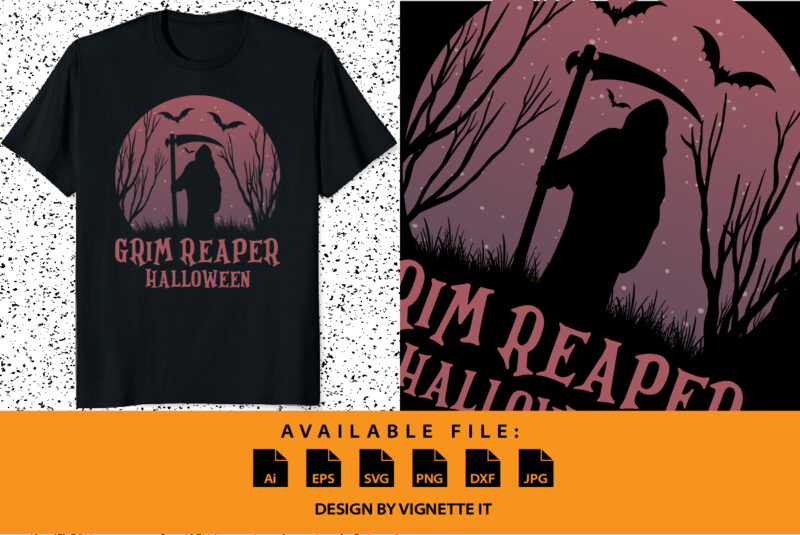 Grim reaper Halloween shirt print template, Bat tree scary night vector, Happy Halloween