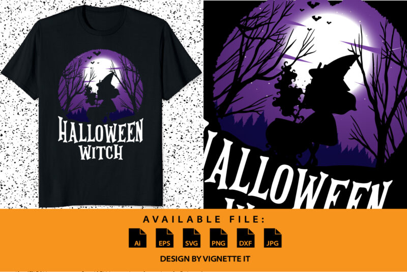 Halloween witch shirt print template, Scary dark night with moon vector trick or treat Halloween party witch vector, tree bats pot ghost vector