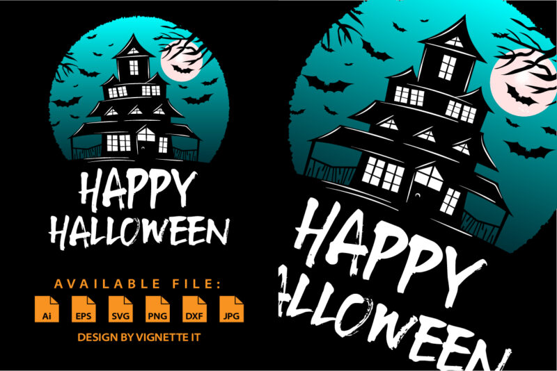 Happy Halloween shirt print template, Scary night, Scary house bat moon vector, Vintage retro shirt design