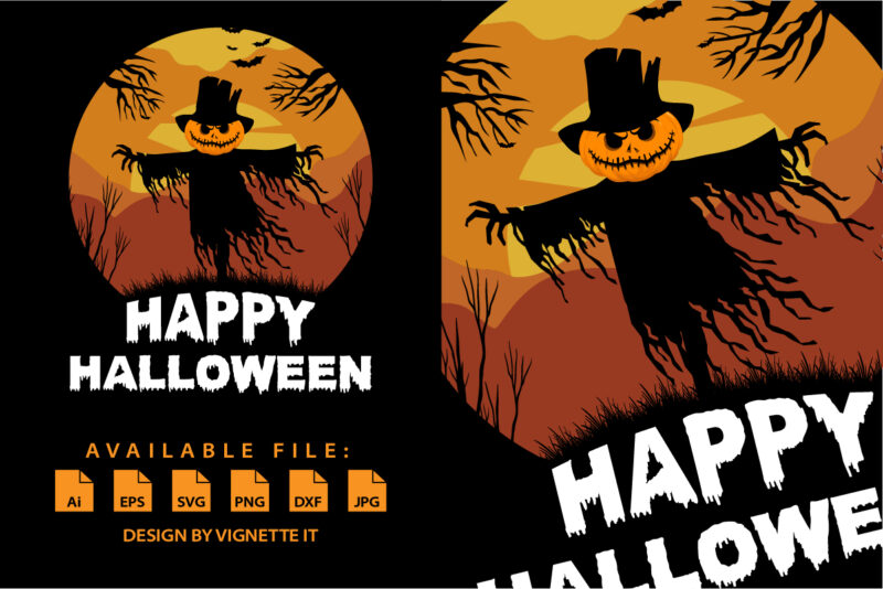 Happy Halloween shirt print template scarecrow shirt design, pumpkin bat sunshine background vector retro vintage shirt design