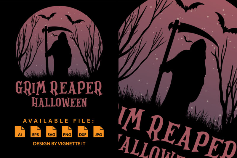 Grim reaper Halloween shirt print template, Bat tree scary night vector, Happy Halloween