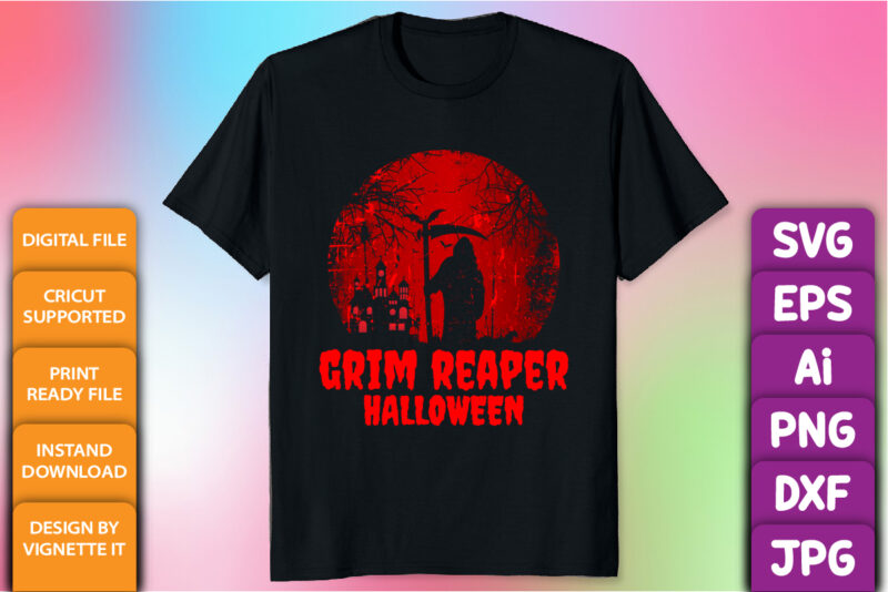 Grim reaper Halloween shirt print template, Scary house bat tree vector, Vintage retro watercolor background shirt design