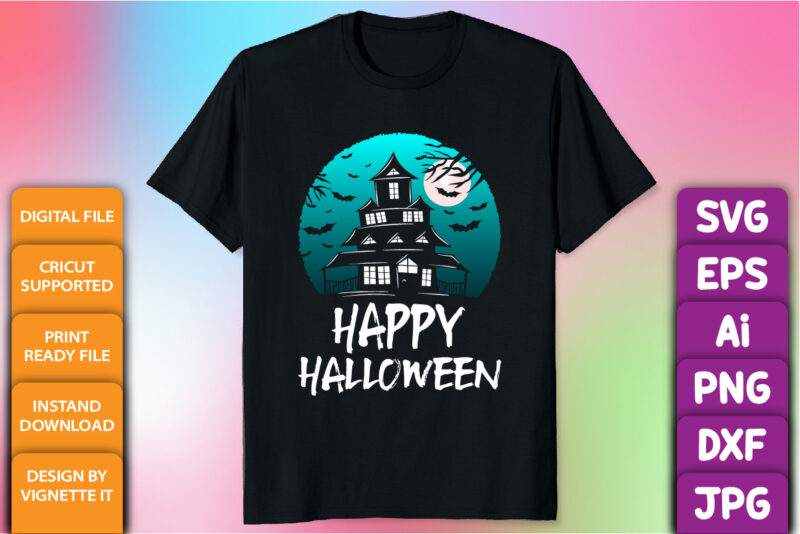 Happy Halloween shirt print template, Scary night, Scary house bat moon vector, Vintage retro shirt design